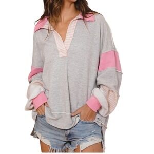 Bucket List French Terry Knit Colorblock Womens sz Large Collared Oversized Top